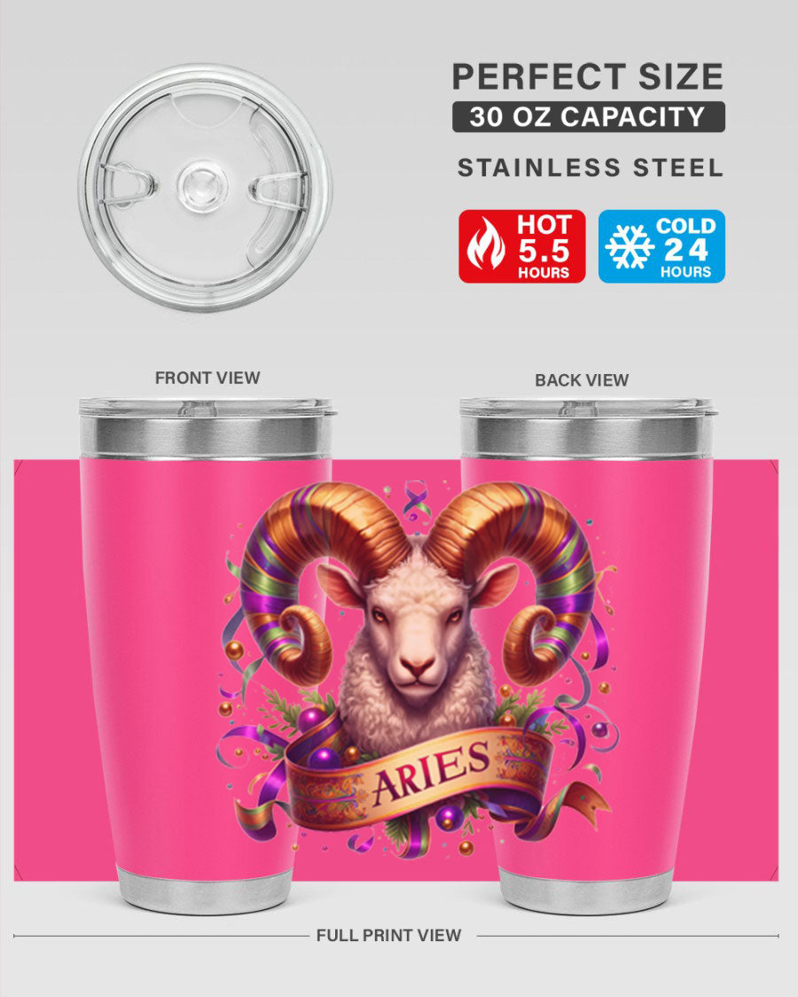 Aries 136# Zodiac Tumbler in stainless steel with a stylish design, perfect for hot and cold beverages.