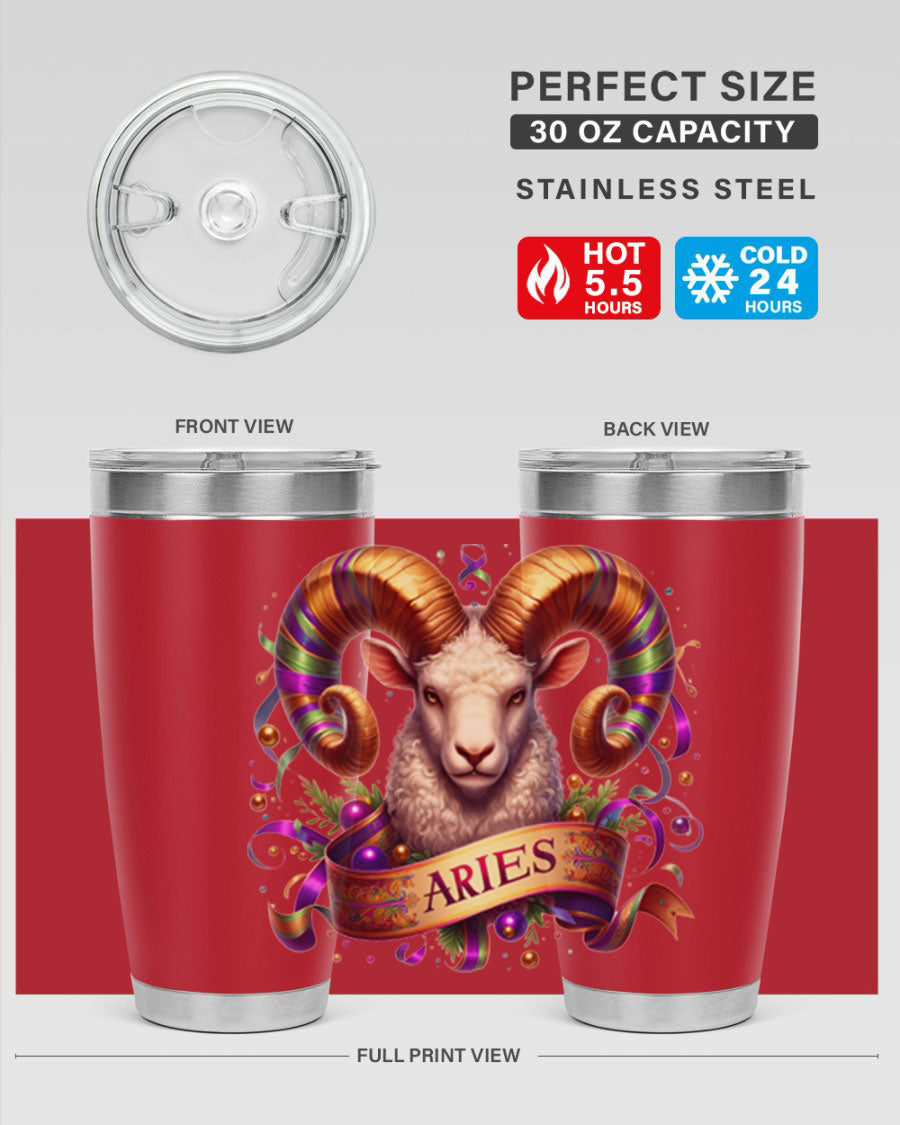 Aries 136# Zodiac Tumbler in stainless steel with a stylish design, perfect for hot and cold beverages.