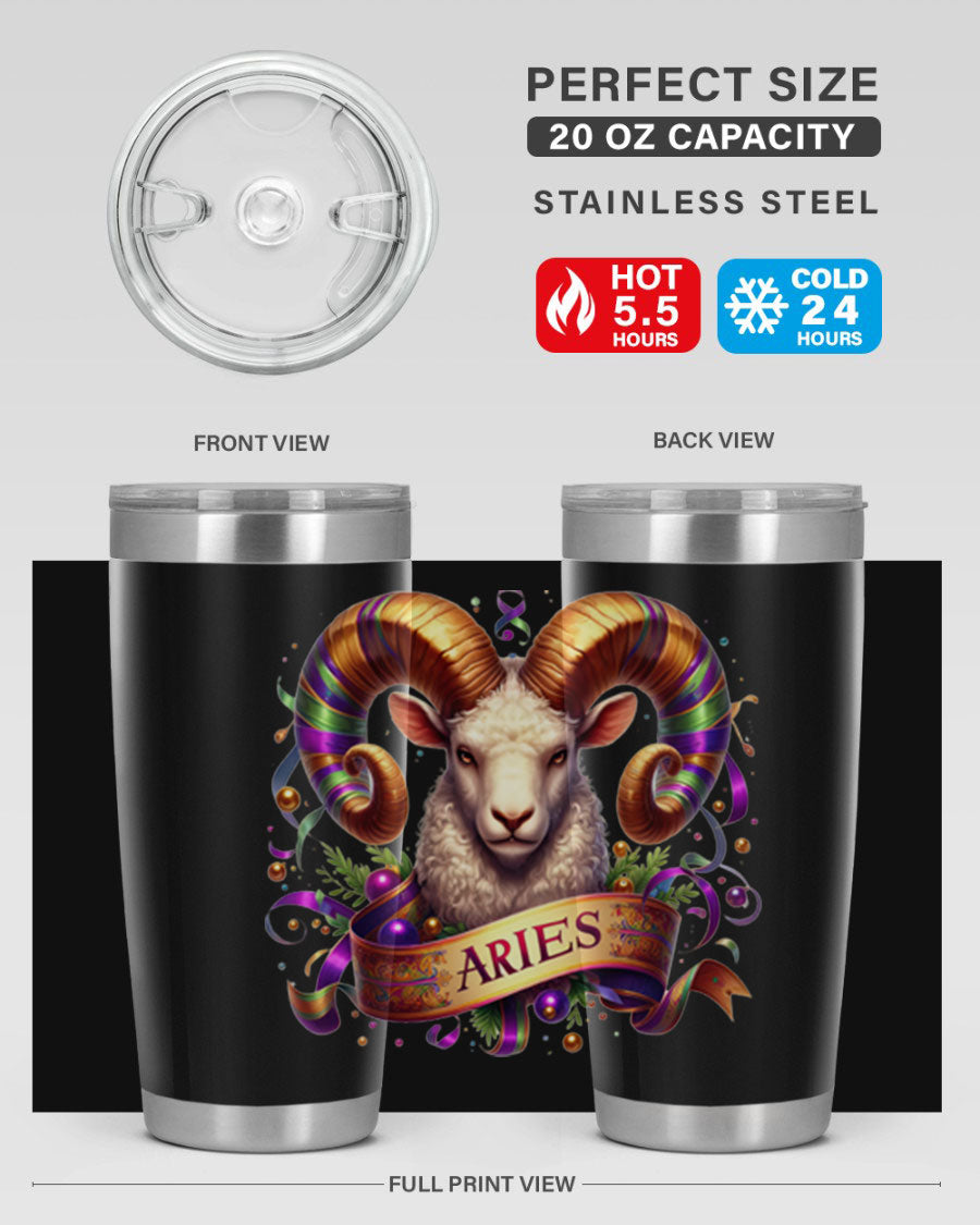 Aries 136# Zodiac Tumbler in stainless steel with a stylish design, perfect for hot and cold beverages.