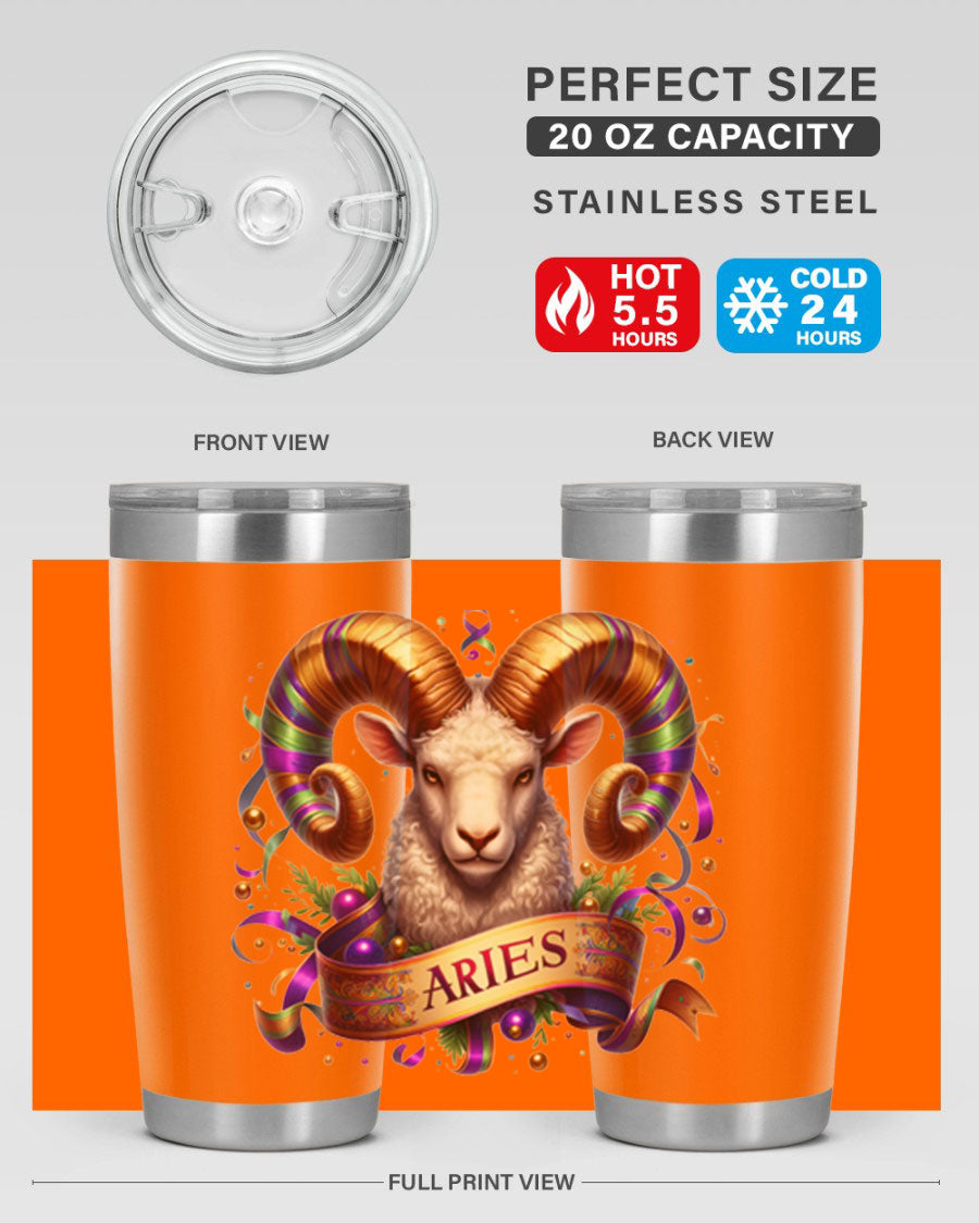 Aries 136# Zodiac Tumbler in stainless steel with a stylish design, perfect for hot and cold beverages.