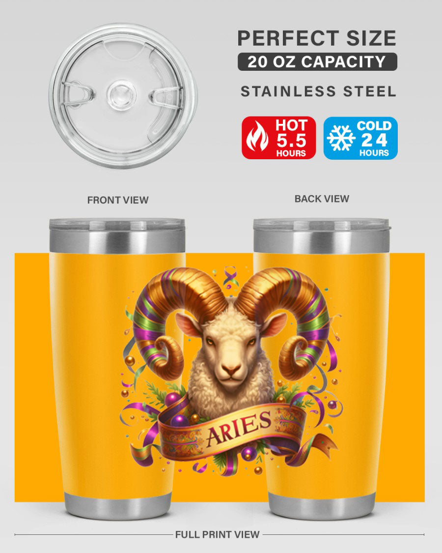Aries 136# Zodiac Tumbler in stainless steel with a stylish design, perfect for hot and cold beverages.