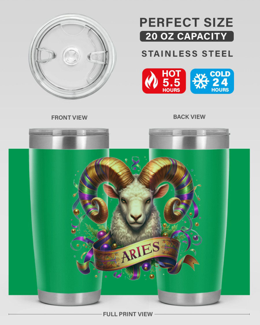 Aries 136# Zodiac Tumbler in stainless steel with a stylish design, perfect for hot and cold beverages.