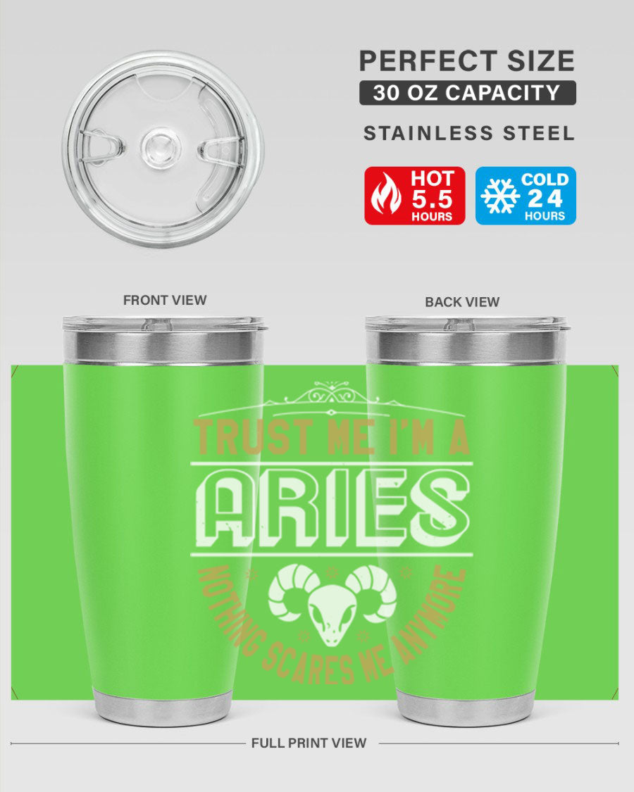 Aries 139# Zodiac Tumbler in stainless steel with a vibrant design, showcasing its double wall vacuum insulation and drink-thru lid.
