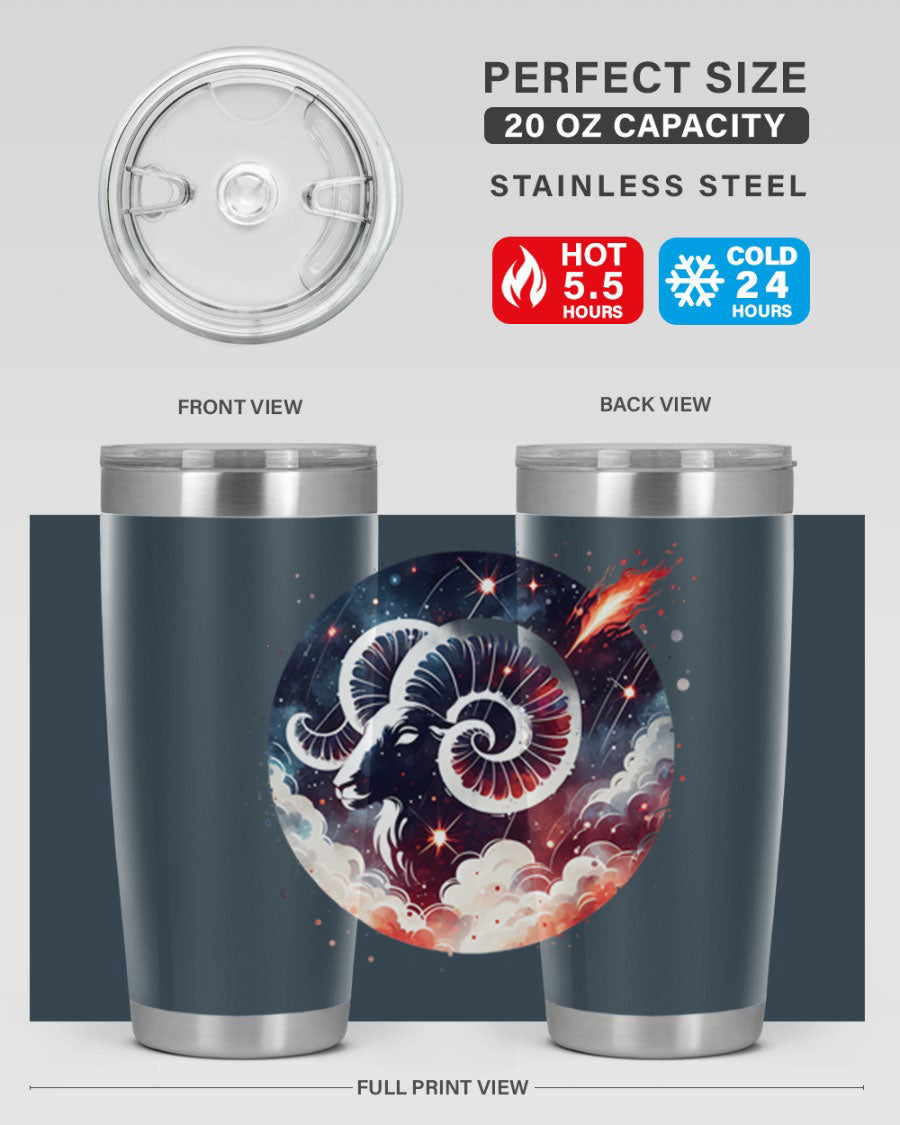 Aries 140# Zodiac Tumbler in stainless steel with a vibrant design, showcasing its double wall vacuum insulation and drink-thru lid.