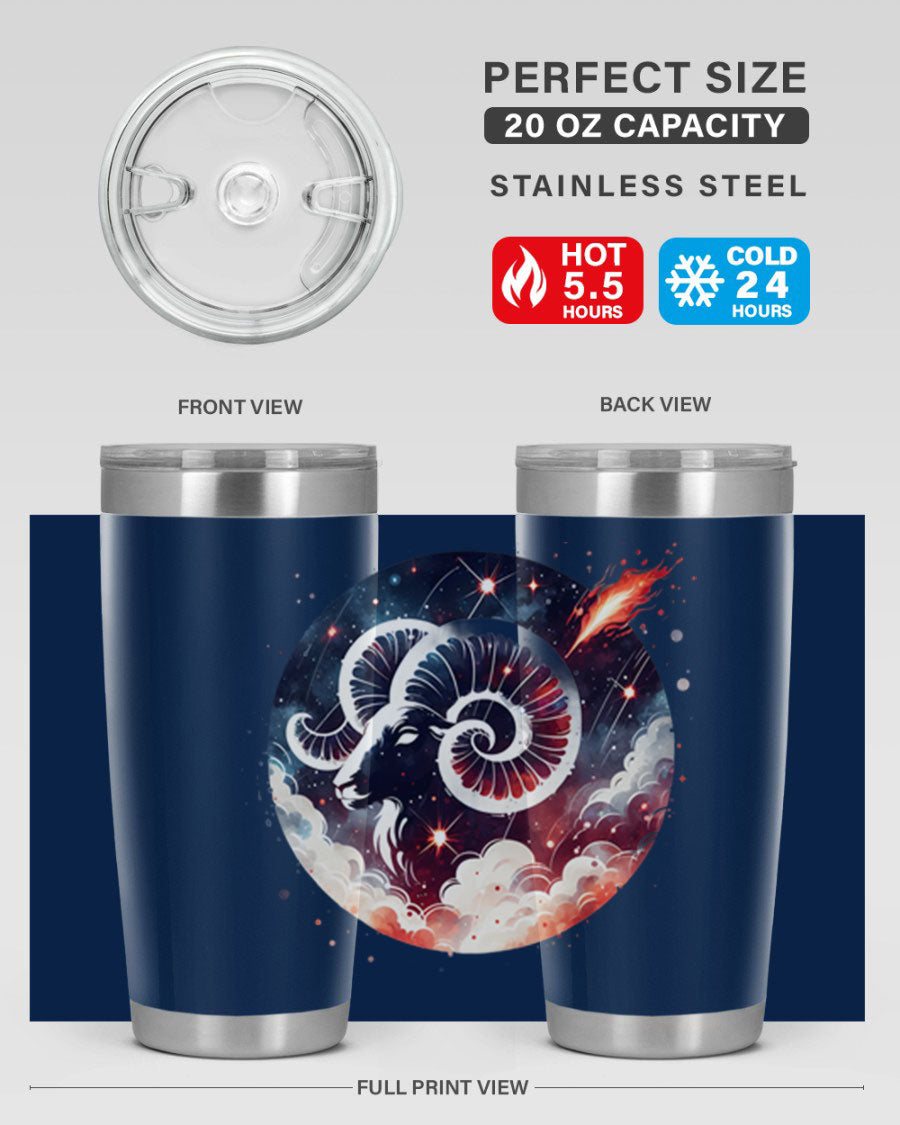 Aries 140# Zodiac Tumbler in stainless steel with a vibrant design, showcasing its double wall vacuum insulation and drink-thru lid.