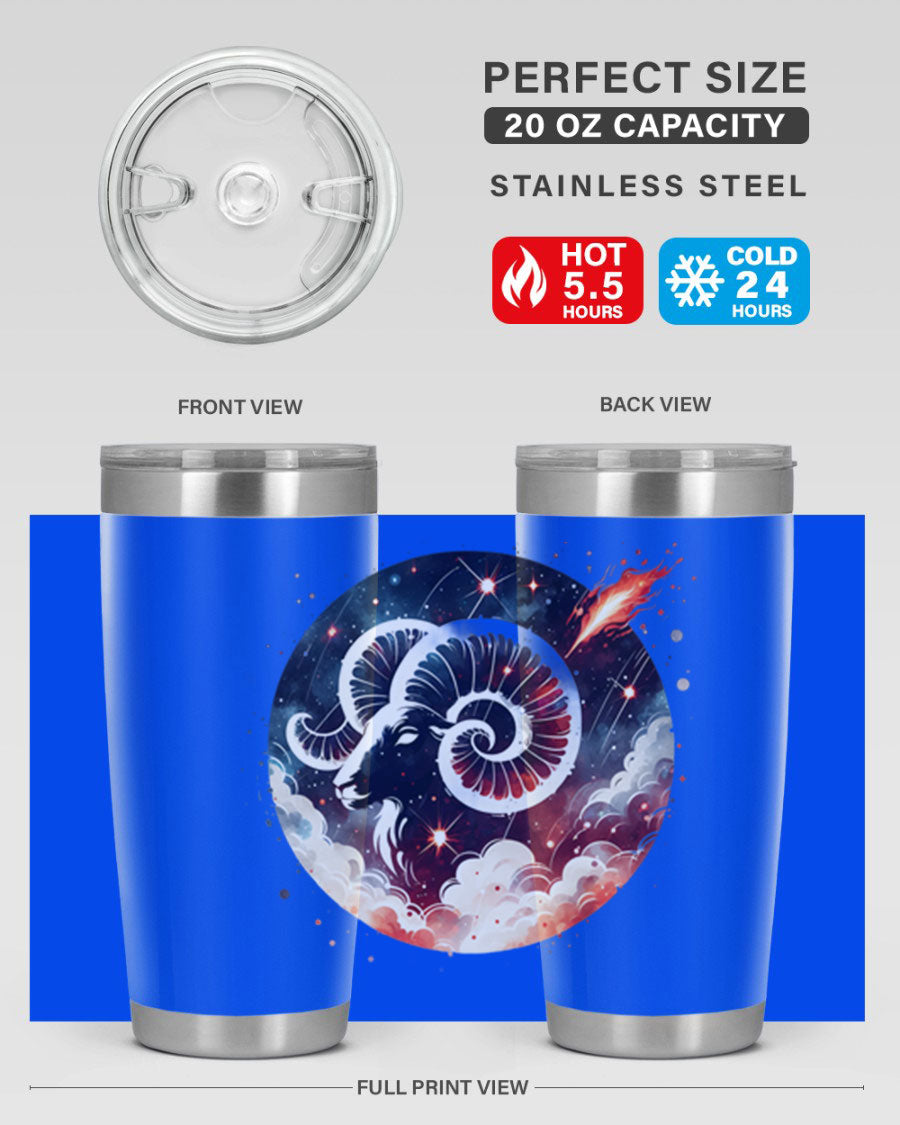 Aries 140# Zodiac Tumbler in stainless steel with a vibrant design, showcasing its double wall vacuum insulation and drink-thru lid.