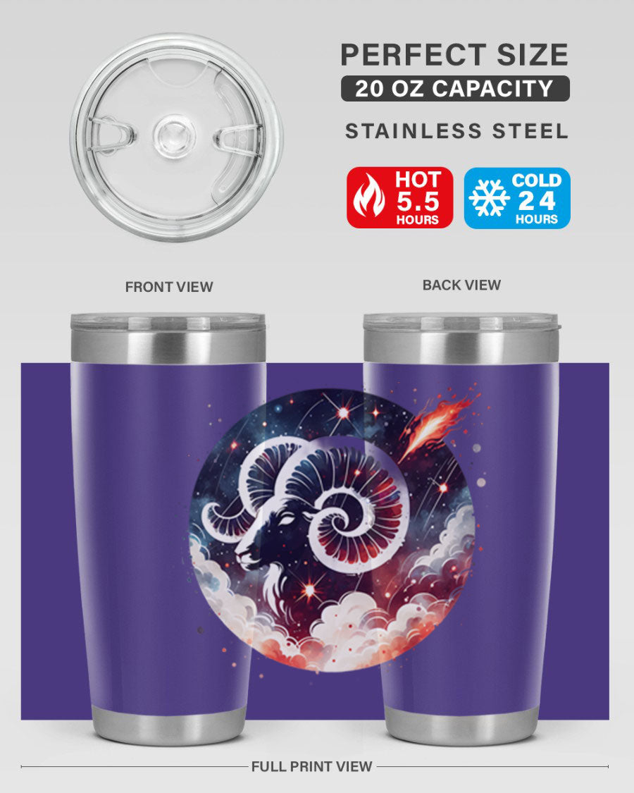 Aries 140# Zodiac Tumbler in stainless steel with a vibrant design, showcasing its double wall vacuum insulation and drink-thru lid.