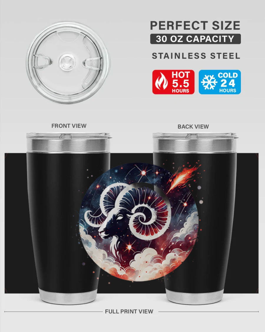 Aries 140# Zodiac Tumbler in stainless steel with a vibrant design, showcasing its double wall vacuum insulation and drink-thru lid.