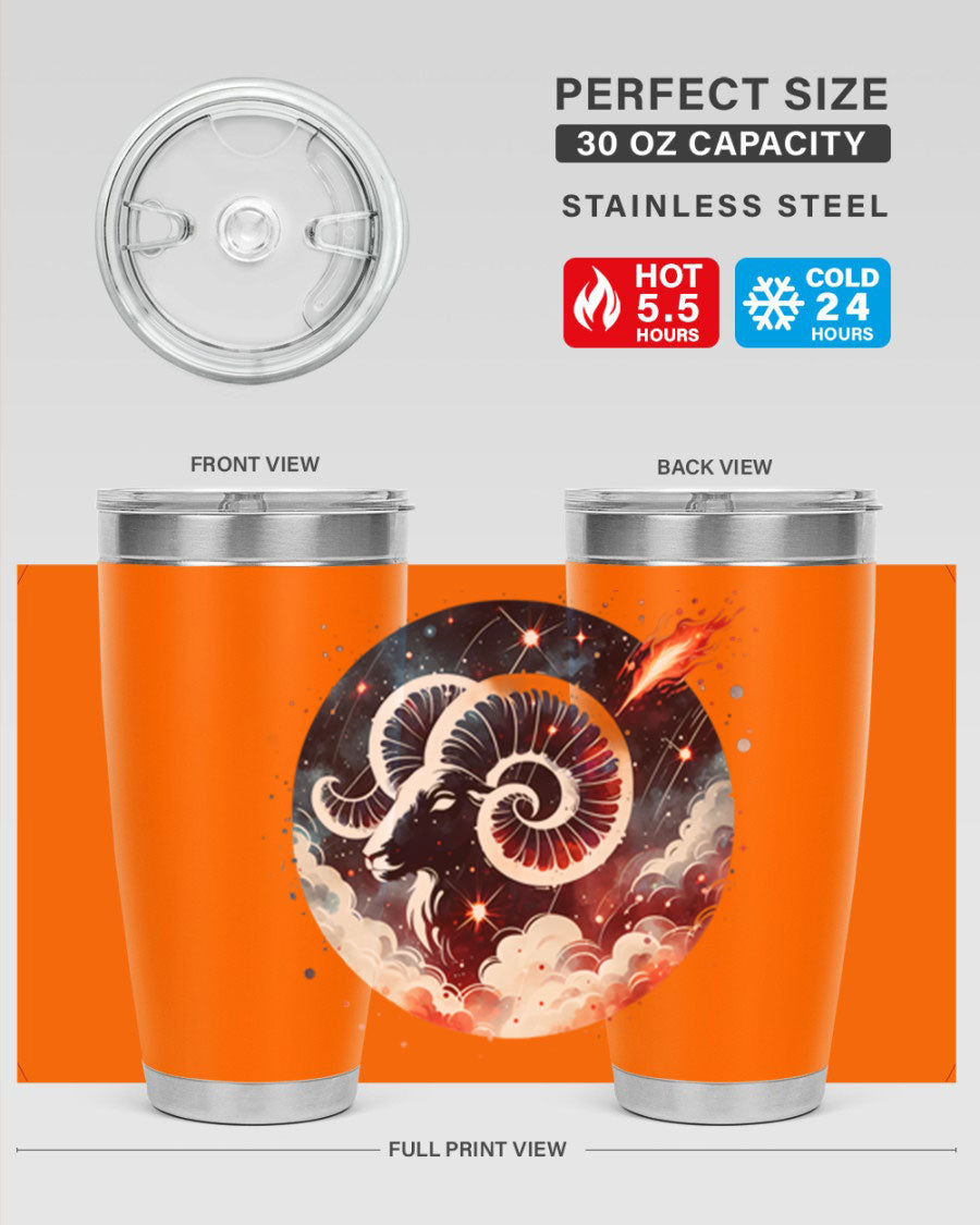 Aries 140# Zodiac Tumbler in stainless steel with a vibrant design, showcasing its double wall vacuum insulation and drink-thru lid.