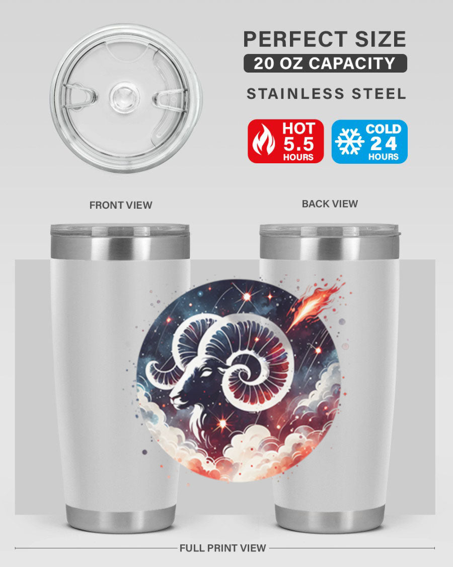Aries 140# Zodiac Tumbler in stainless steel with a vibrant design, showcasing its double wall vacuum insulation and drink-thru lid.