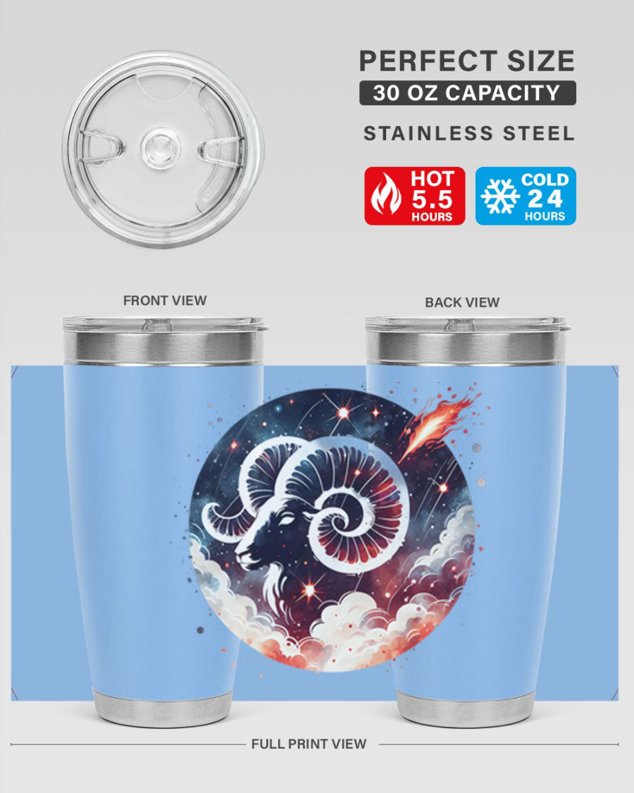 Aries 140# Zodiac Tumbler in stainless steel with a vibrant design, showcasing its double wall vacuum insulation and drink-thru lid.