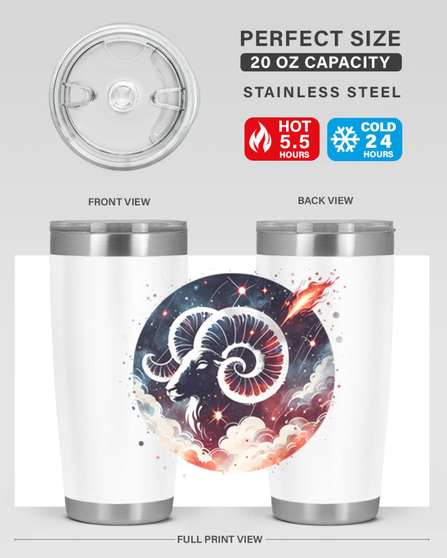 Aries 140# Zodiac Tumbler in stainless steel with a vibrant design, showcasing its double wall vacuum insulation and drink-thru lid.