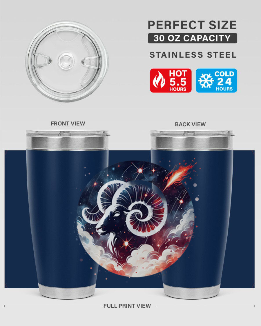 Aries 140# Zodiac Tumbler in stainless steel with a vibrant design, showcasing its double wall vacuum insulation and drink-thru lid.