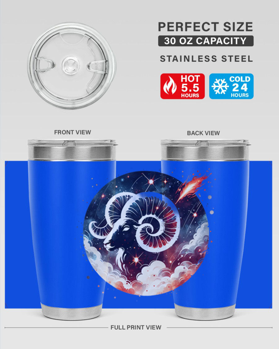 Aries 140# Zodiac Tumbler in stainless steel with a vibrant design, showcasing its double wall vacuum insulation and drink-thru lid.