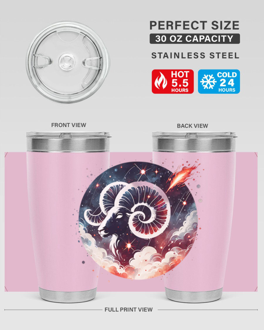 Aries 140# Zodiac Tumbler in stainless steel with a vibrant design, showcasing its double wall vacuum insulation and drink-thru lid.