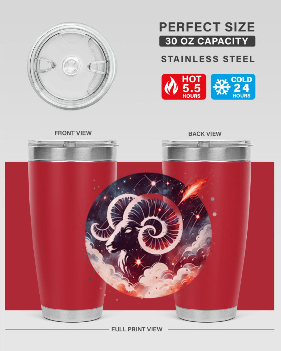 Aries 140# Zodiac Tumbler in stainless steel with a vibrant design, showcasing its double wall vacuum insulation and drink-thru lid.
