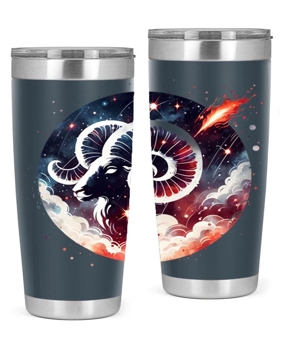 Aries 140# Zodiac Tumbler in stainless steel with a vibrant design, showcasing its double wall vacuum insulation and drink-thru lid.