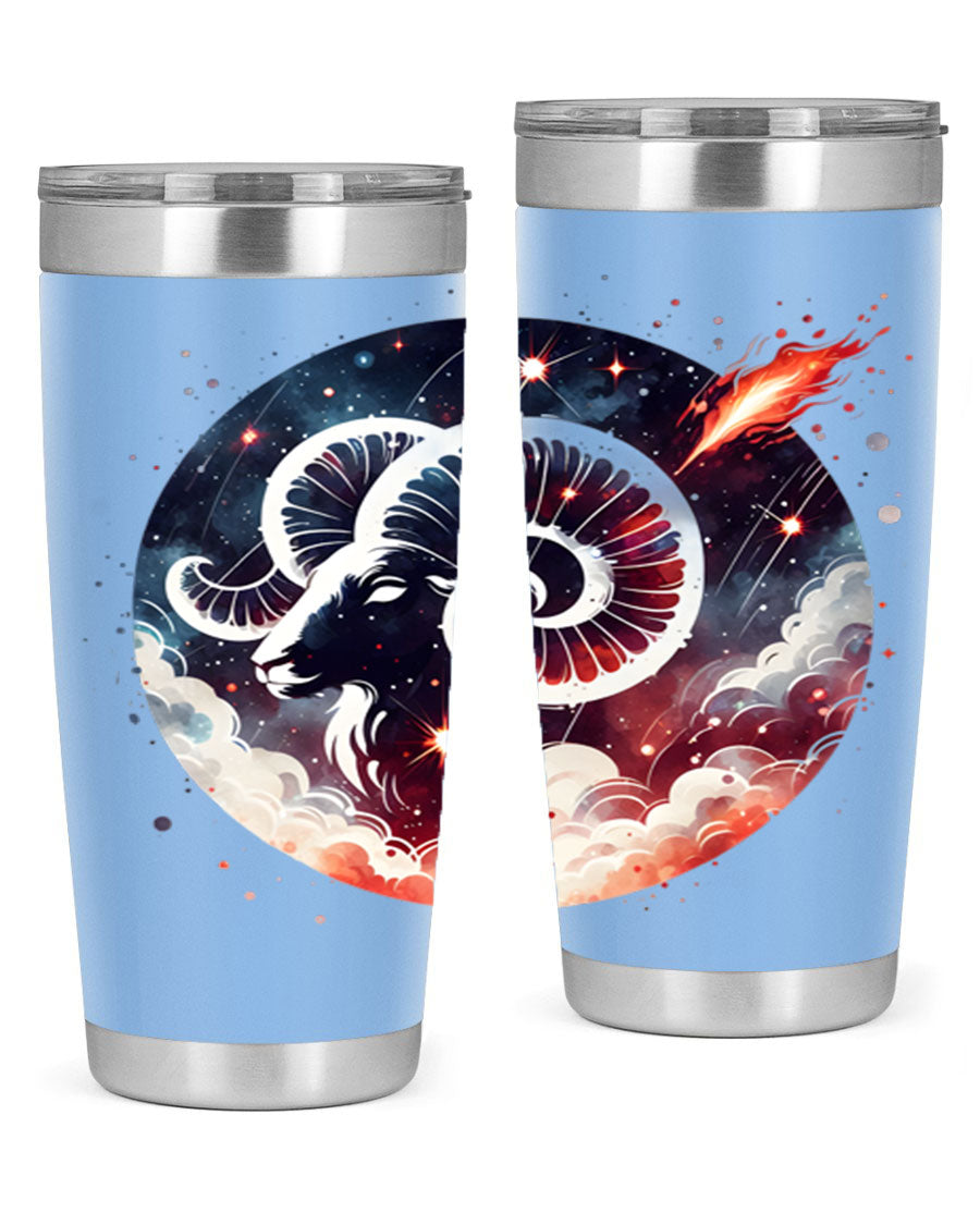 Aries 140# Zodiac Tumbler in stainless steel with a vibrant design, showcasing its double wall vacuum insulation and drink-thru lid.