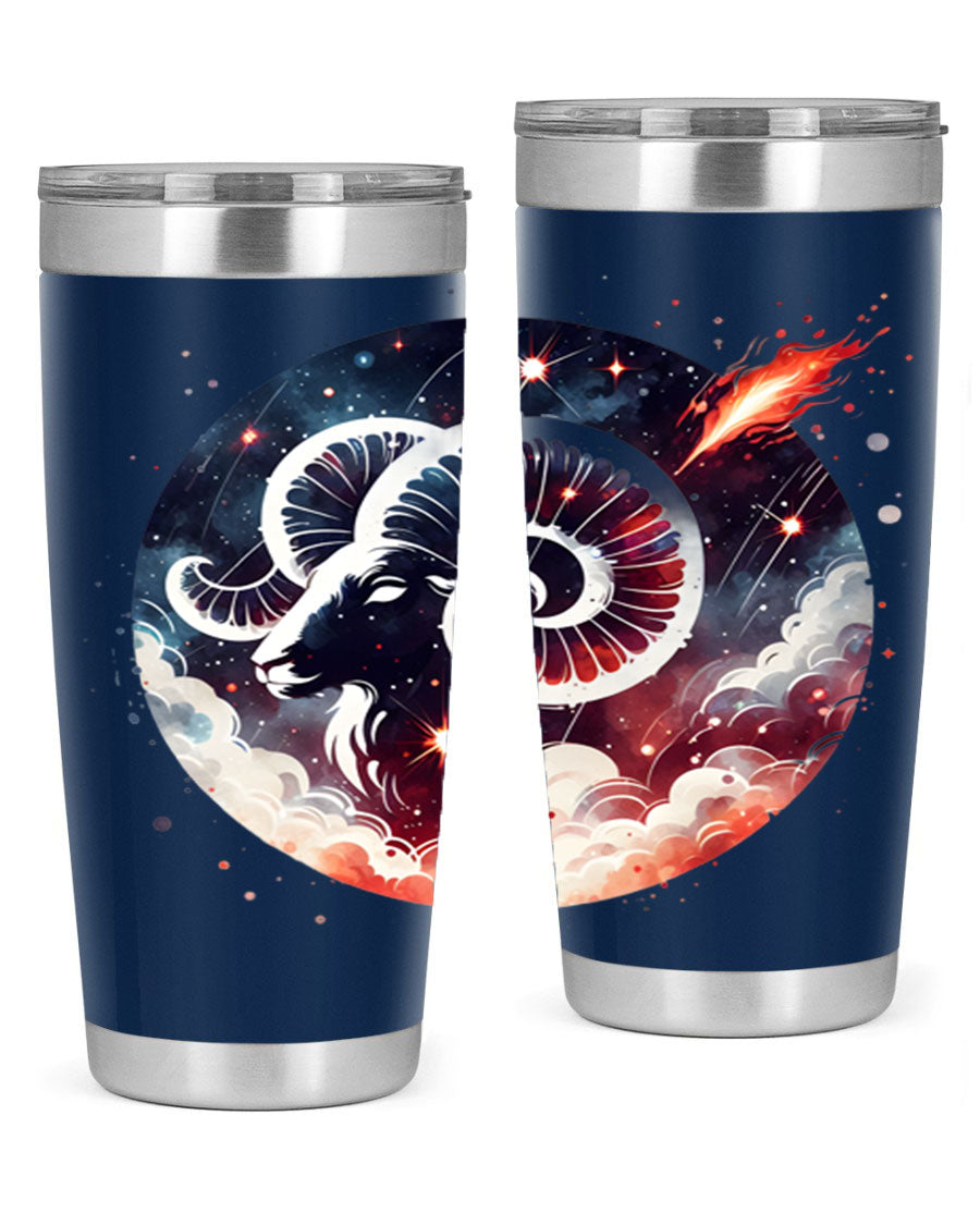 Aries 140# Zodiac Tumbler in stainless steel with a vibrant design, showcasing its double wall vacuum insulation and drink-thru lid.