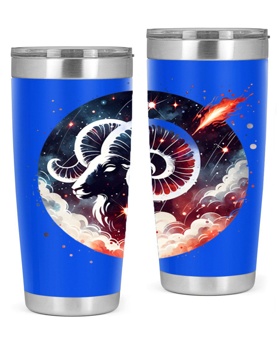 Aries 140# Zodiac Tumbler in stainless steel with a vibrant design, showcasing its double wall vacuum insulation and drink-thru lid.