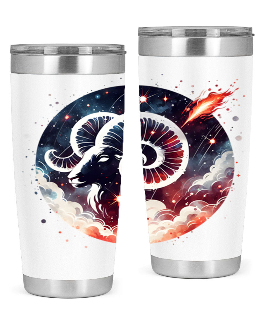 Aries 140# Zodiac Tumbler in stainless steel with a vibrant design, showcasing its double wall vacuum insulation and drink-thru lid.