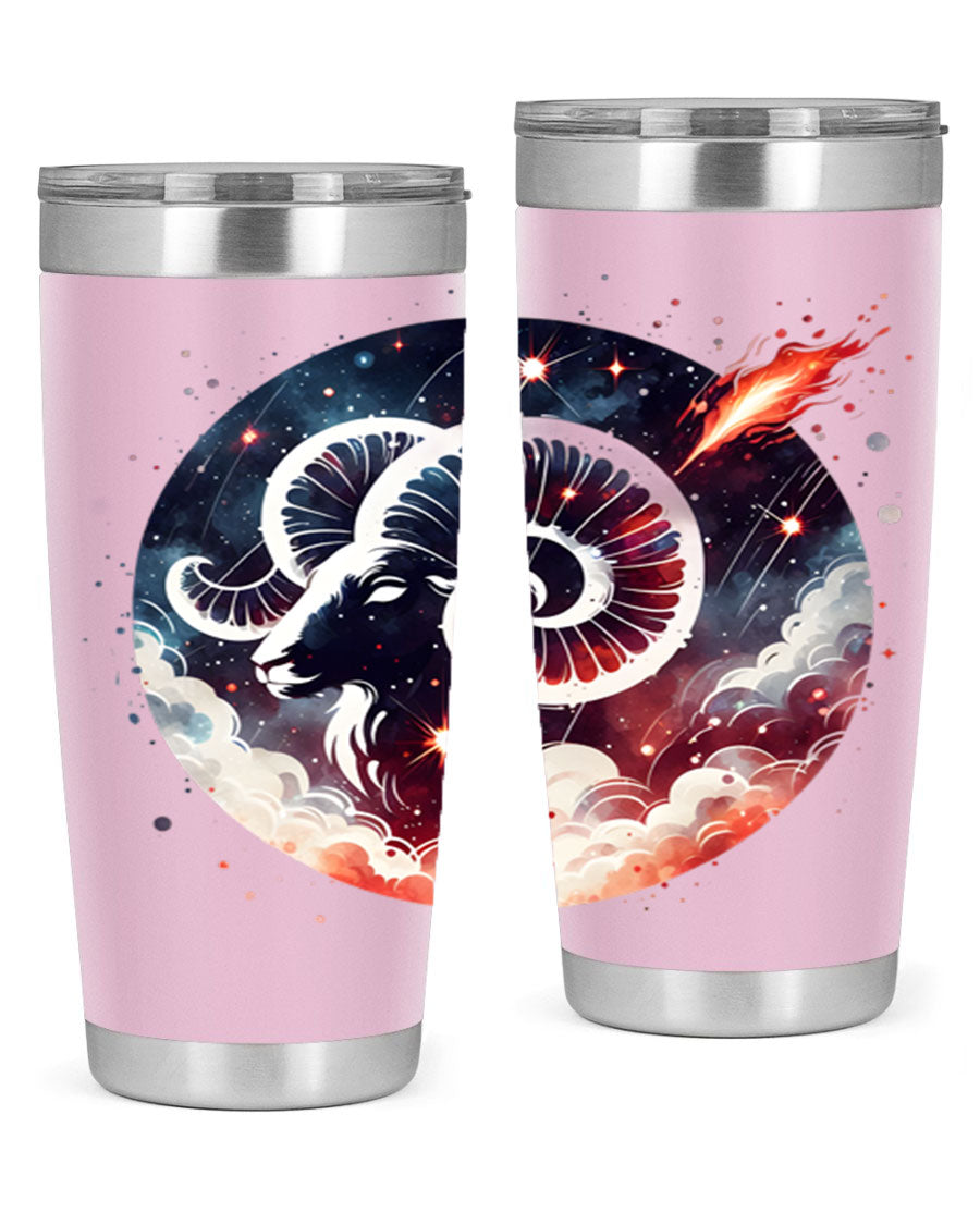 Aries 140# Zodiac Tumbler in stainless steel with a vibrant design, showcasing its double wall vacuum insulation and drink-thru lid.
