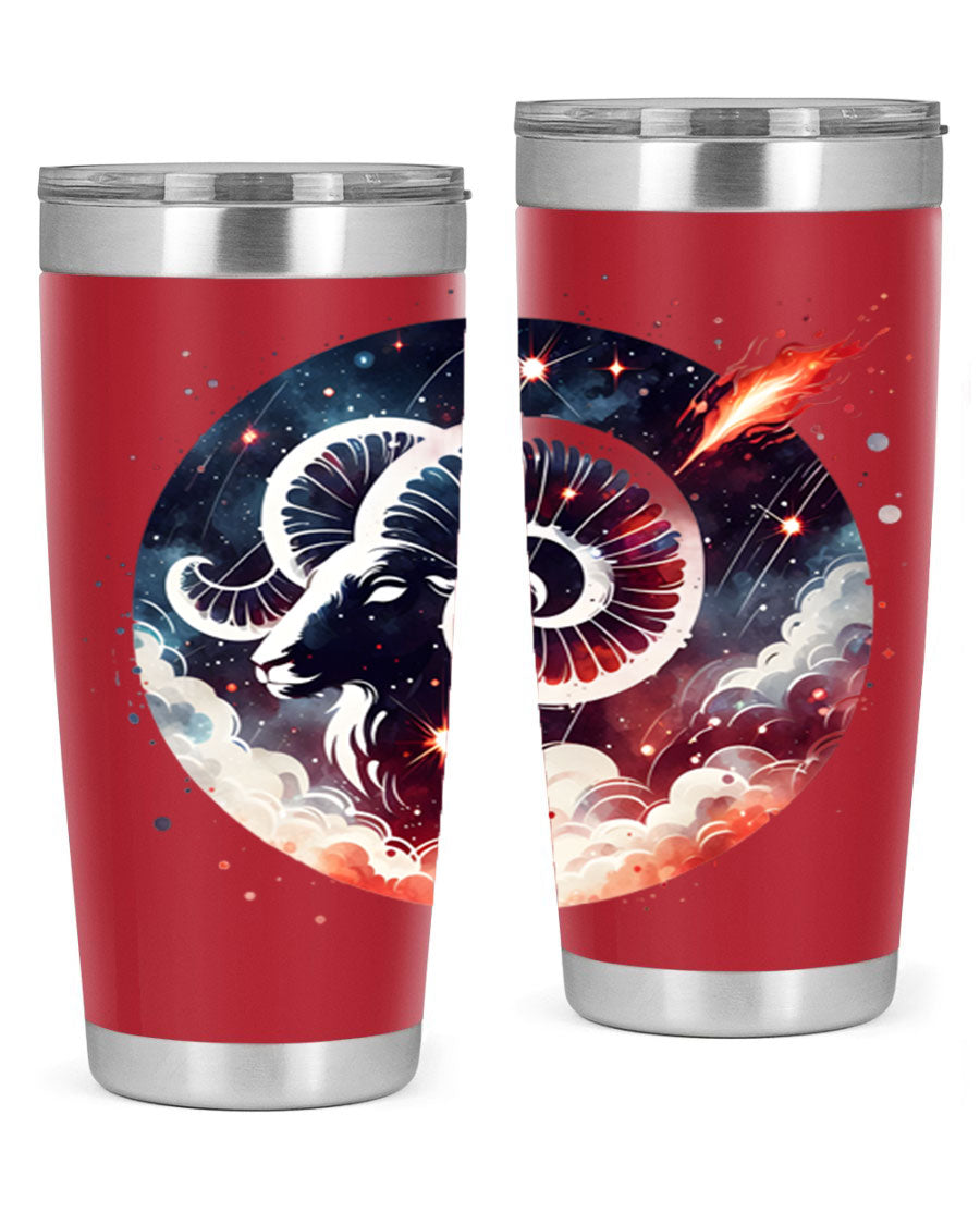 Aries 140# Zodiac Tumbler in stainless steel with a vibrant design, showcasing its double wall vacuum insulation and drink-thru lid.