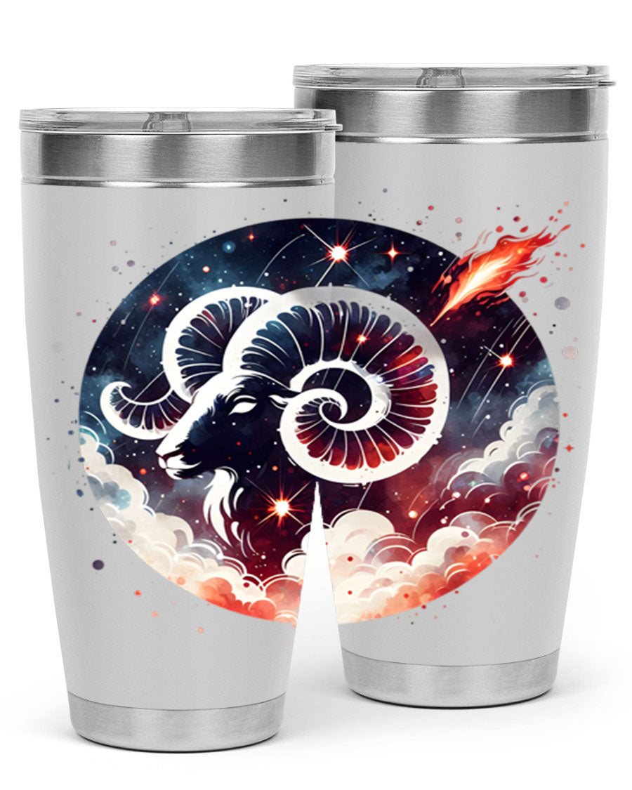 Aries 140# Zodiac Tumbler in stainless steel with a vibrant design, showcasing its double wall vacuum insulation and drink-thru lid.