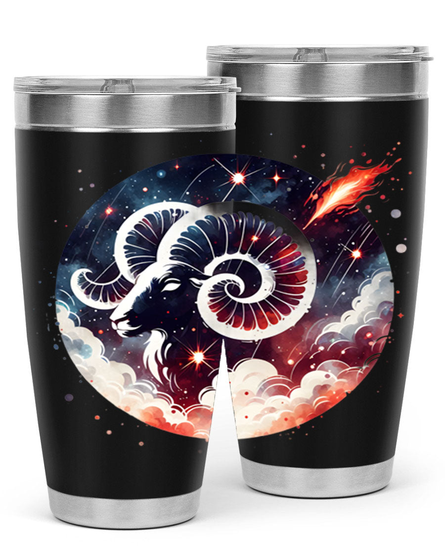 Aries 140# Zodiac Tumbler in stainless steel with a vibrant design, showcasing its double wall vacuum insulation and drink-thru lid.