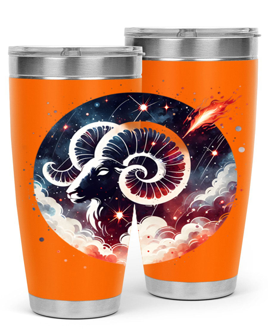 Aries 140# Zodiac Tumbler in stainless steel with a vibrant design, showcasing its double wall vacuum insulation and drink-thru lid.