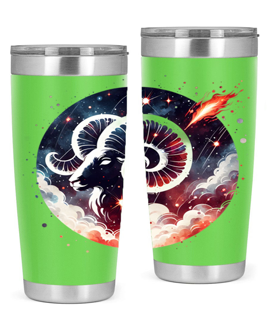 Aries 140# Zodiac Tumbler in stainless steel with a vibrant design, showcasing its double wall vacuum insulation and drink-thru lid.
