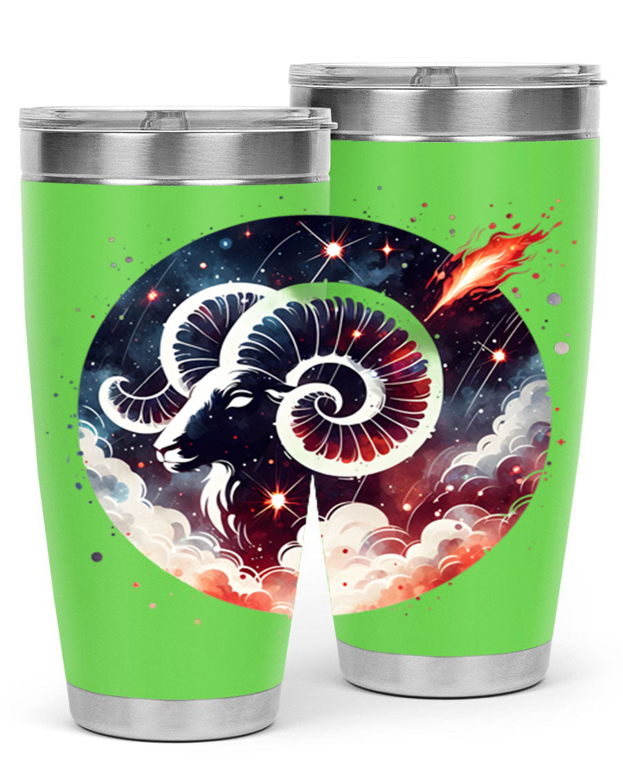 Aries 140# Zodiac Tumbler in stainless steel with a vibrant design, showcasing its double wall vacuum insulation and drink-thru lid.