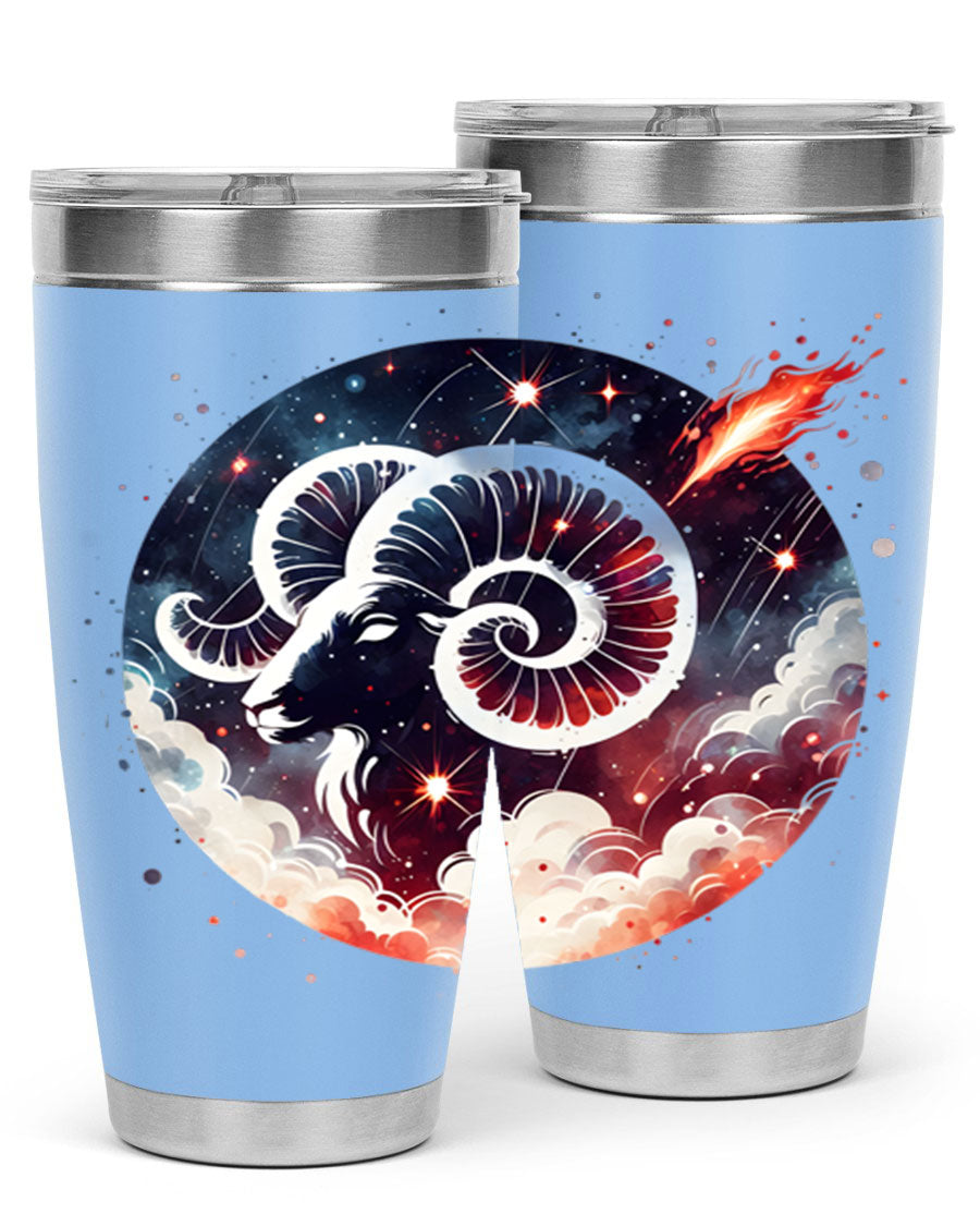 Aries 140# Zodiac Tumbler in stainless steel with a vibrant design, showcasing its double wall vacuum insulation and drink-thru lid.
