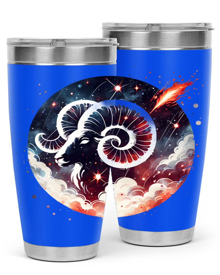 Aries 140# Zodiac Tumbler in stainless steel with a vibrant design, showcasing its double wall vacuum insulation and drink-thru lid.