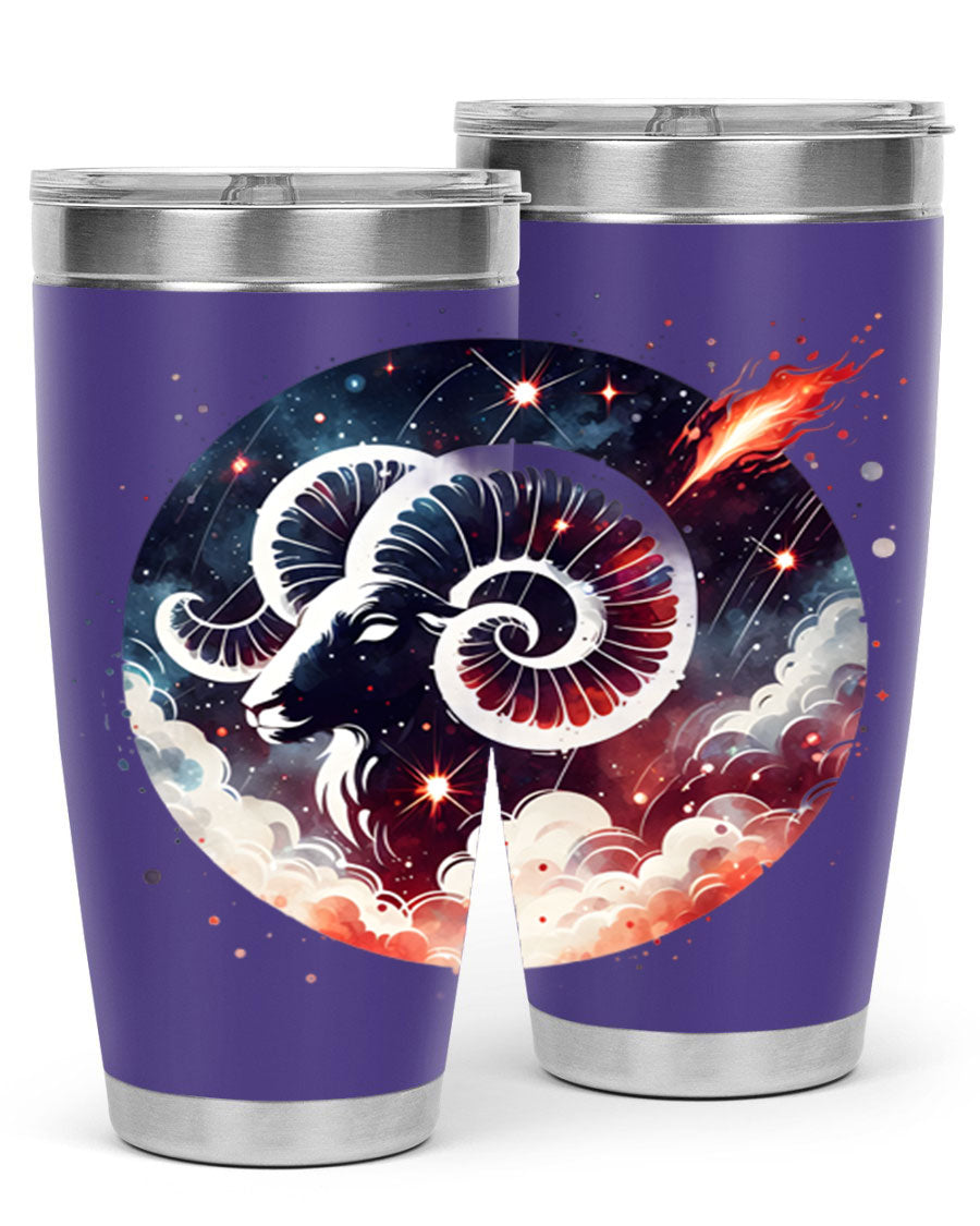Aries 140# Zodiac Tumbler in stainless steel with a vibrant design, showcasing its double wall vacuum insulation and drink-thru lid.
