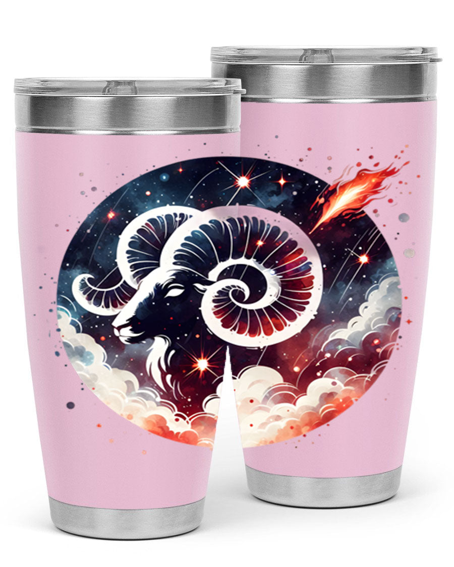 Aries 140# Zodiac Tumbler in stainless steel with a vibrant design, showcasing its double wall vacuum insulation and drink-thru lid.