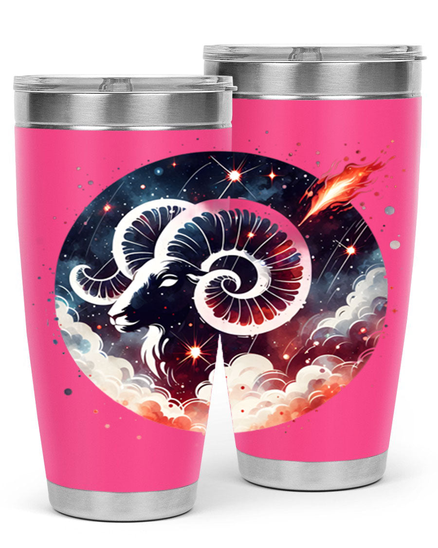 Aries 140# Zodiac Tumbler in stainless steel with a vibrant design, showcasing its double wall vacuum insulation and drink-thru lid.