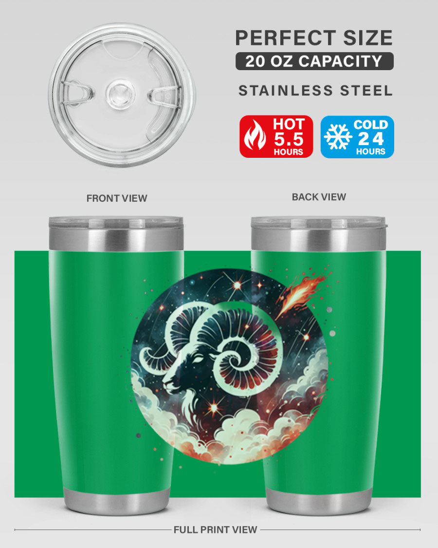 Aries 140# Zodiac Tumbler in stainless steel with a vibrant design, showcasing its double wall vacuum insulation and drink-thru lid.