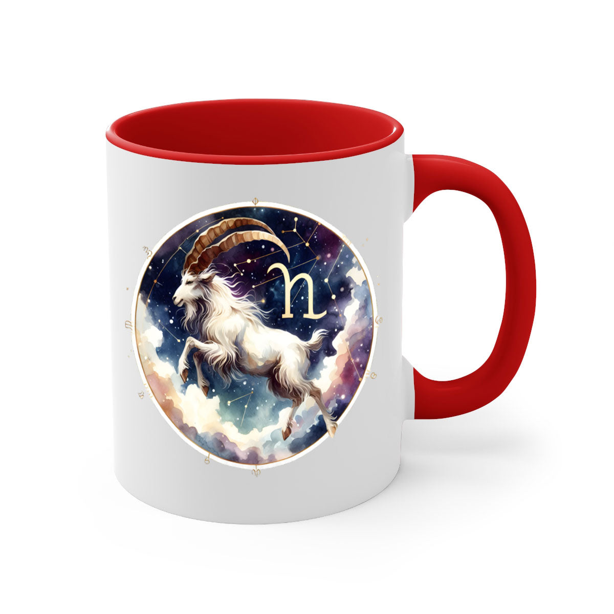 Aries 141# Zodiac Mug with a glossy finish, featuring a colored handle and interior, available in multiple colors and sizes.