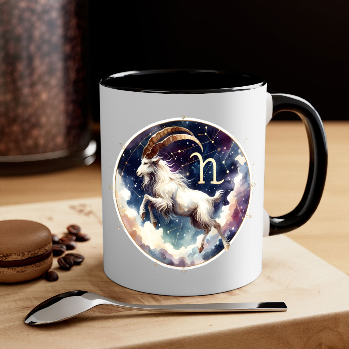 Aries 141# Zodiac Mug with a glossy finish, featuring a colored handle and interior, available in multiple colors and sizes.