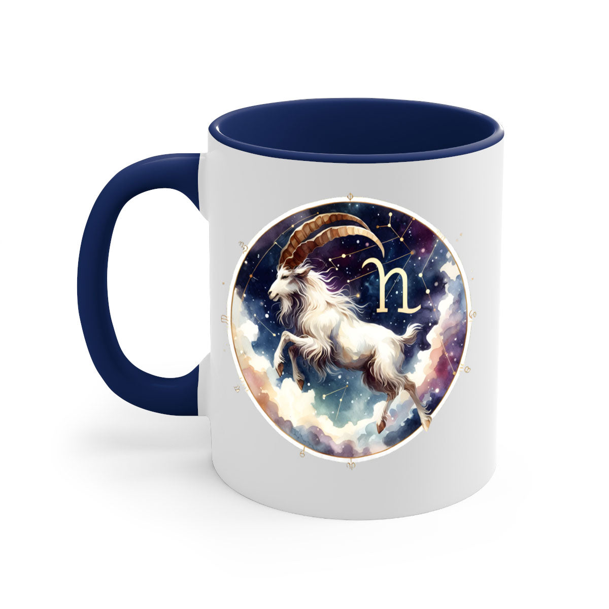 Aries 141# Zodiac Mug with a glossy finish, featuring a colored handle and interior, available in multiple colors and sizes.