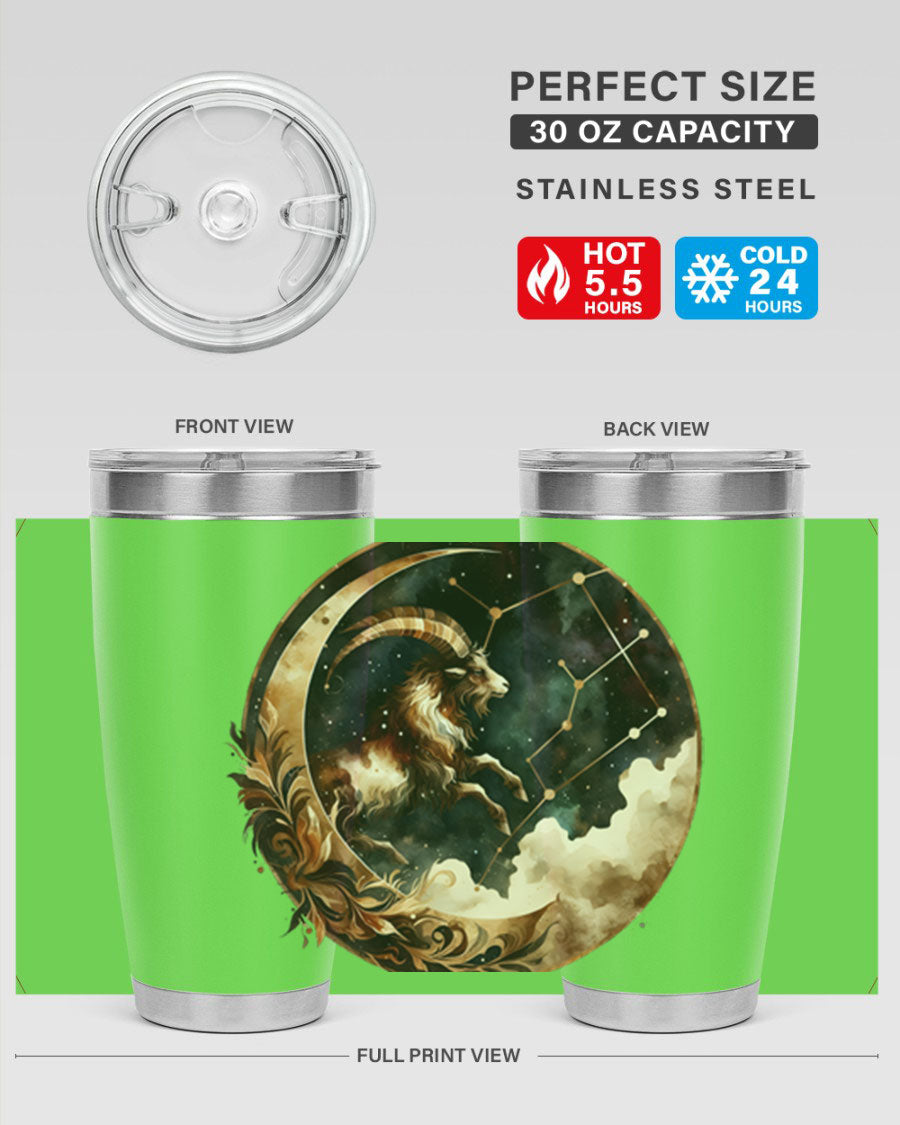 Aries 142# Zodiac Tumbler in stainless steel with a vibrant zodiac design, perfect for hot and cold beverages.
