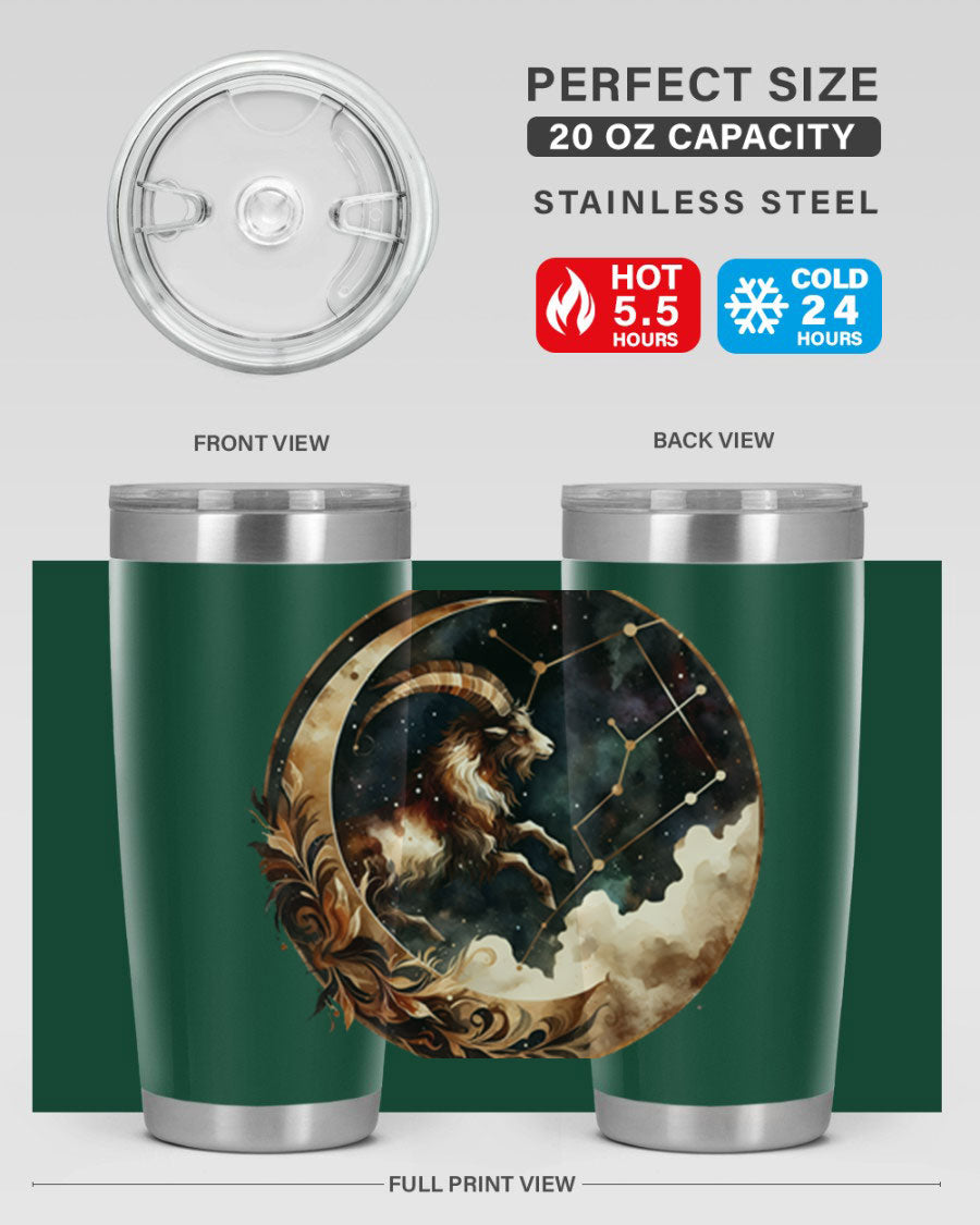 Aries 142# Zodiac Tumbler in stainless steel with a vibrant zodiac design, perfect for hot and cold beverages.