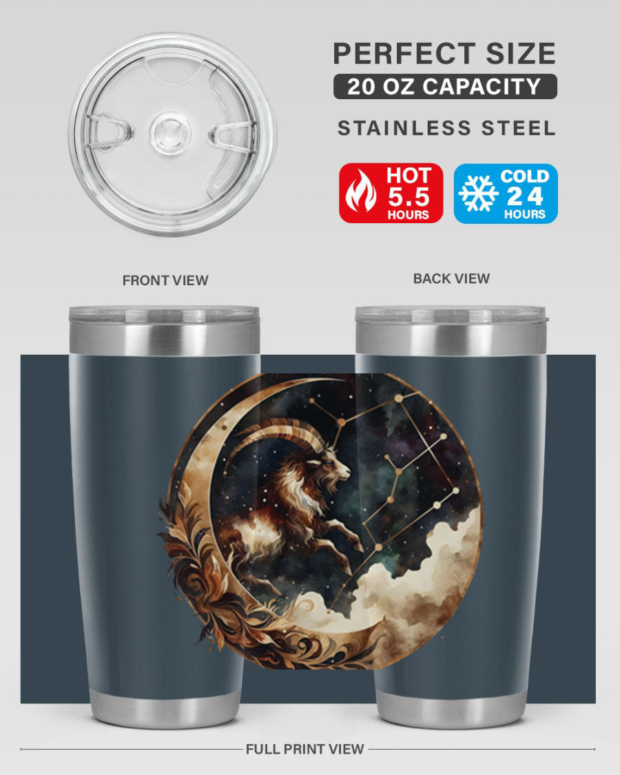 Aries 142# Zodiac Tumbler in stainless steel with a vibrant zodiac design, perfect for hot and cold beverages.