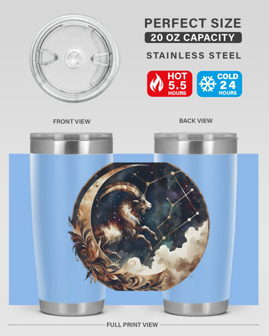 Aries 142# Zodiac Tumbler in stainless steel with a vibrant zodiac design, perfect for hot and cold beverages.