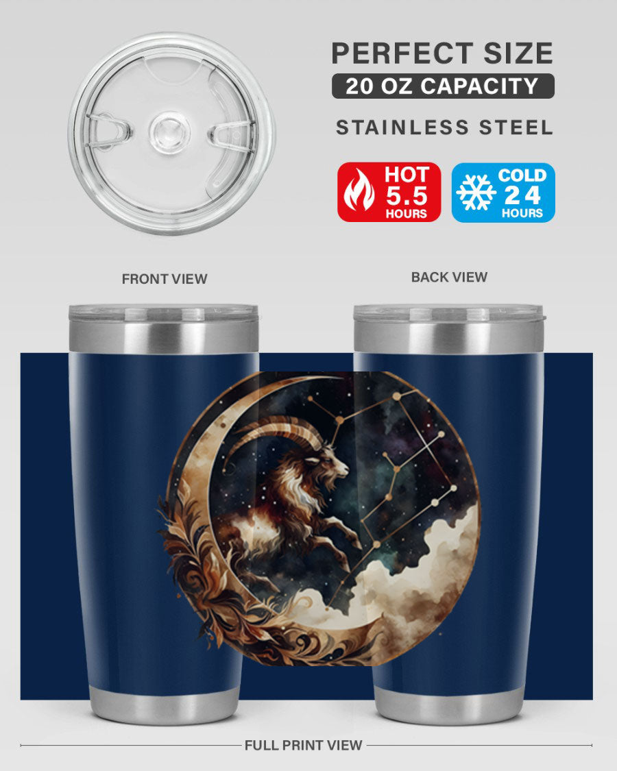 Aries 142# Zodiac Tumbler in stainless steel with a vibrant zodiac design, perfect for hot and cold beverages.