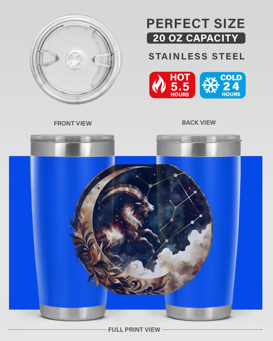 Aries 142# Zodiac Tumbler in stainless steel with a vibrant zodiac design, perfect for hot and cold beverages.