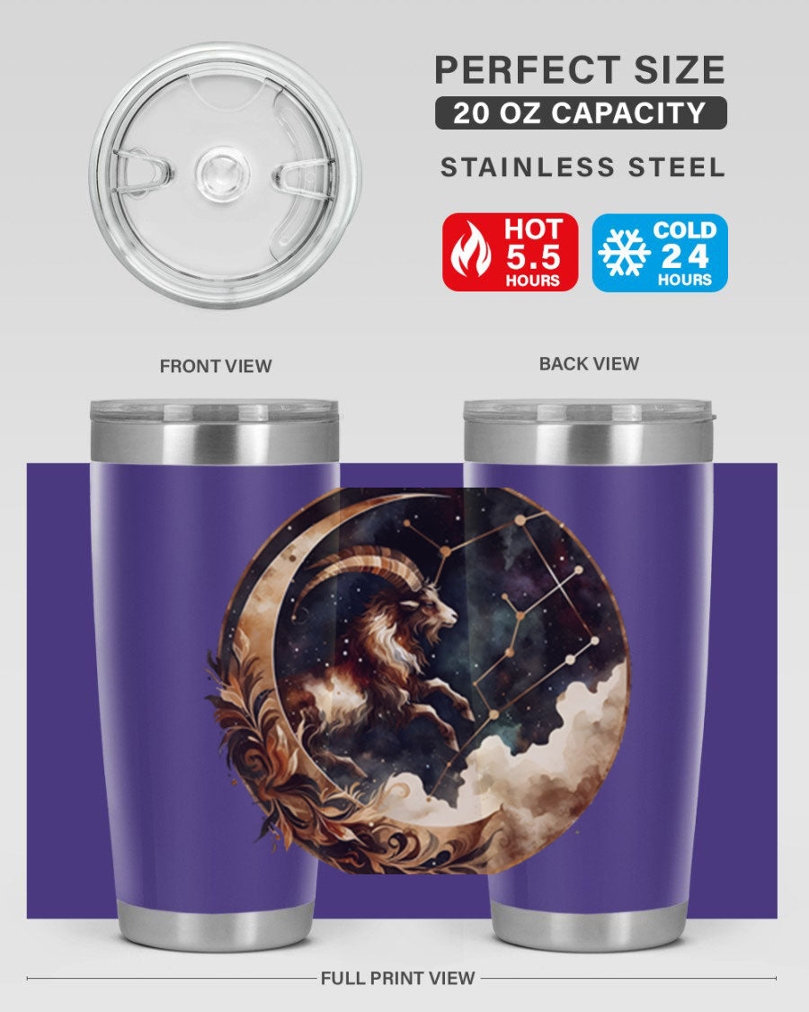 Aries 142# Zodiac Tumbler in stainless steel with a vibrant zodiac design, perfect for hot and cold beverages.