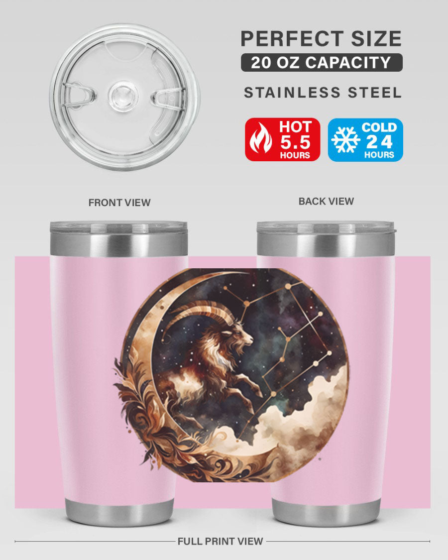 Aries 142# Zodiac Tumbler in stainless steel with a vibrant zodiac design, perfect for hot and cold beverages.