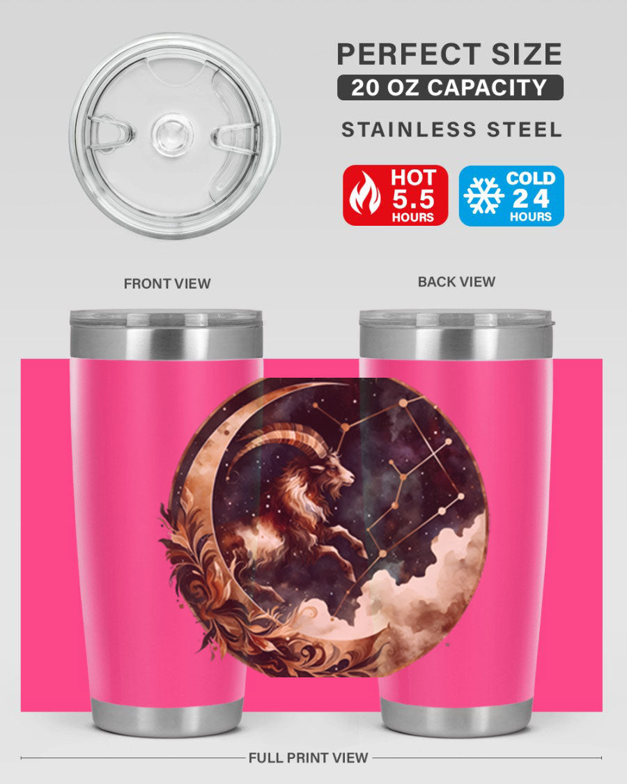 Aries 142# Zodiac Tumbler in stainless steel with a vibrant zodiac design, perfect for hot and cold beverages.